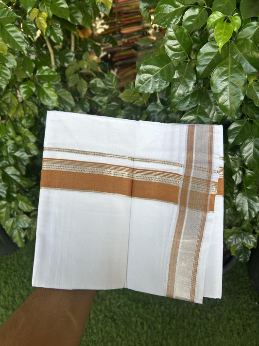 20% Discount!! Kaitharikada Balaramapuram 100% Pure Cotton Pure White Double Mundu/Dothi - 100x80 - 1.5 inch Burnt Orange & Silver Kasav Striped Kara - 3.90 m (8 muzham) - 60 KK5356 VAS