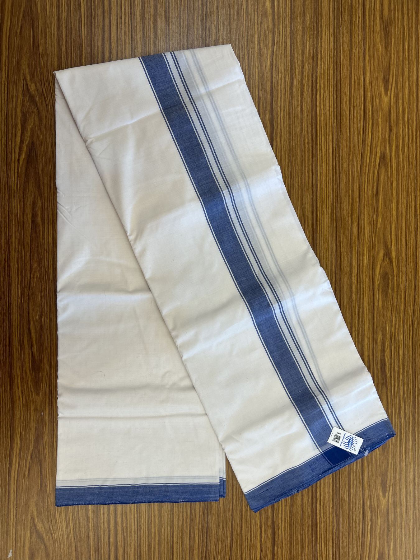 Kerala Handloom - Signature Kaitharikada - Government Sealed Hallmarked - 100% Pure Cotton (2/120X2/160 )Thread - Light White Double Mundu / Dhoti - 1.25 inch Blue Striped Kara - 32 KK5331 KAL