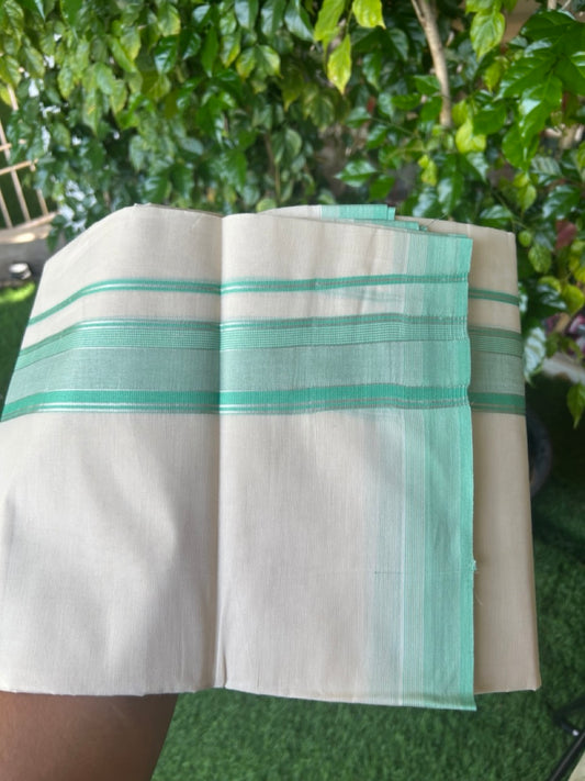 20% DISCOUNT! KaithariKada Balaramapuram 100% Cotton Double OFF WHITE (unbleached) Mundu/Dhoti- 100x80- 1.75 inch Silver Kasavu & Turquoise Green Stripes Shaded Kara 4 mtr (8.5 muzham) - 88KK5227 PMC