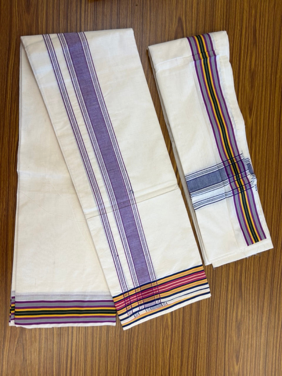 20% Discount! KaithariKada Mixed Cotton Off White - (Unbleached) 80x90 thread - North Indian - Gamcha 8x4 - 2.25 inch Violet kara with Blue ,Magenta, Yellow & Green Stripes border - 25 KK5303 PMC