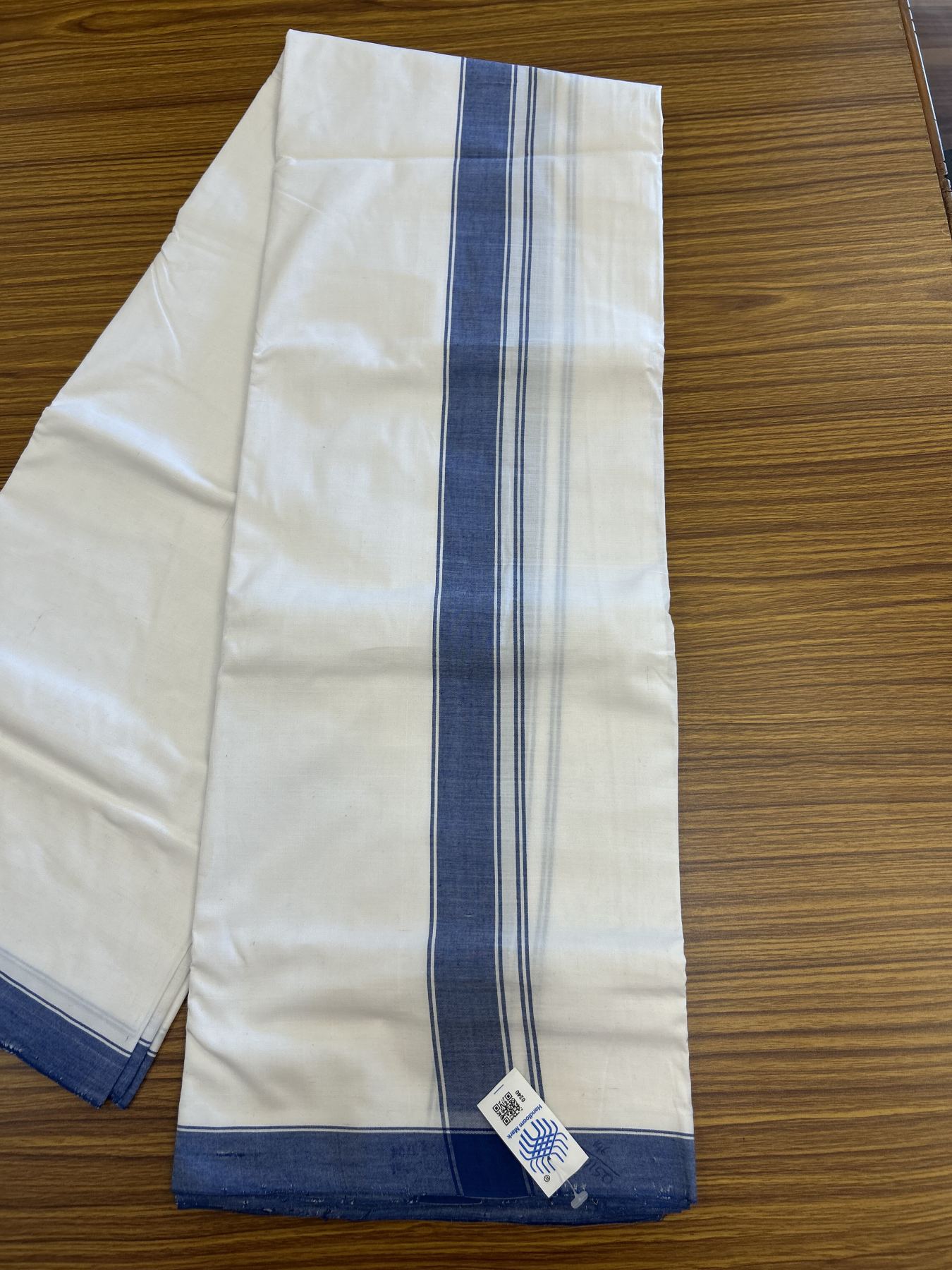 Kerala Handloom - Signature Kaitharikada - Government Sealed Hallmarked - 100% Pure Cotton (2/120X2/160 )Thread - Light White Double Mundu / Dhoti - 1.25 inch Blue Striped Kara - 32 KK5331 KAL