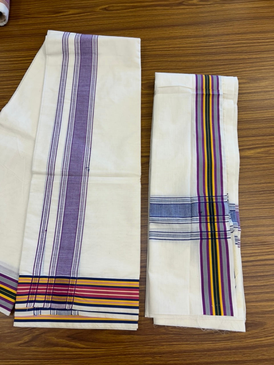 20% Discount! KaithariKada Mixed Cotton Off White - (Unbleached) 80x90 thread - North Indian - Gamcha 8x4 - 2.25 inch Violet kara with Blue ,Magenta, Yellow & Green Stripes border - 25 KK5303 PMC