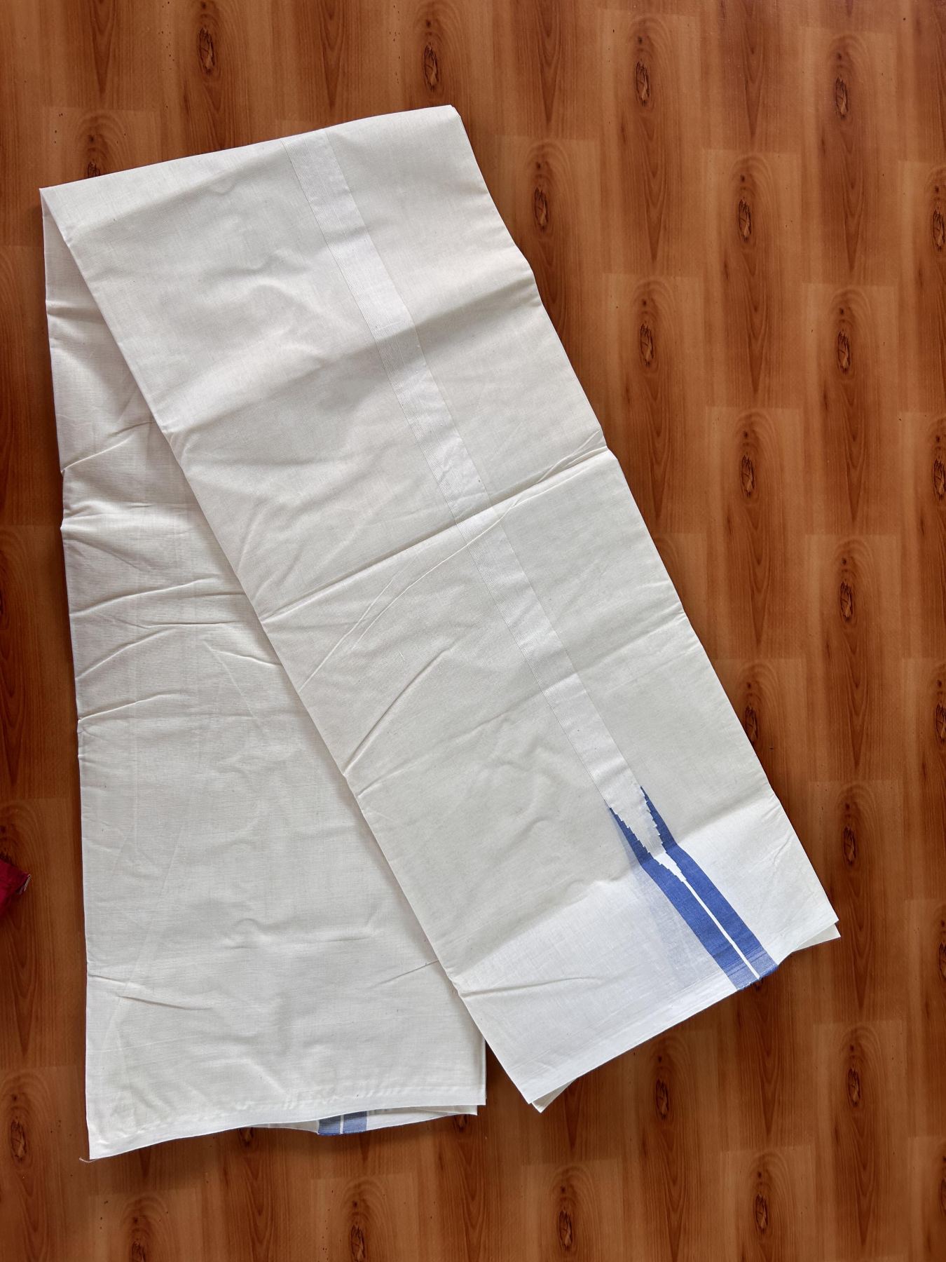 Double Off white Mundu/Dhoti - 20% Discount! KaithariKada Balaramapuram - 100% Cotton  100x100 - 1 inch Puliyilakkara Blue Chutty Kara - 4 mtr (8.5 muzham) - 8 KK5435 ASH