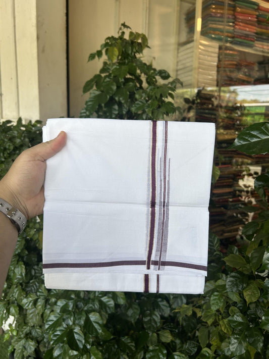 20% Discount!! Kaitharikada Balaramapuram 100% Pure Cotton Pure White Double Mundu/Dothi - 100x80 - 1 cm Wine Purple & Silver Kasav Puliyilakkara Chutty 3.90 m (8 muzham) - 7 KK5356 VAS