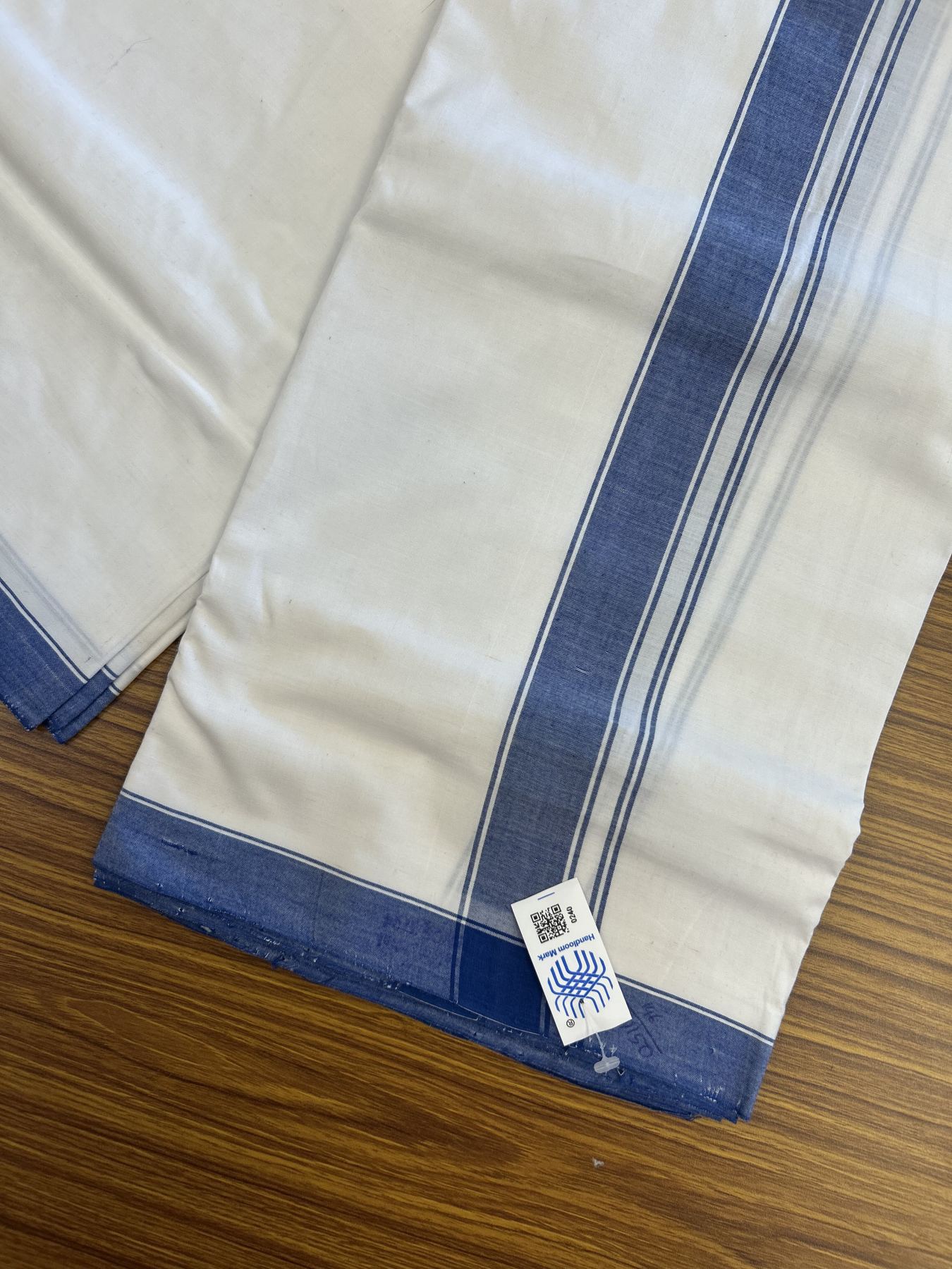 Kerala Handloom - Signature Kaitharikada - Government Sealed Hallmarked - 100% Pure Cotton (2/120X2/160 )Thread - Light White Double Mundu / Dhoti - 1.25 inch Blue Striped Kara - 32 KK5331 KAL