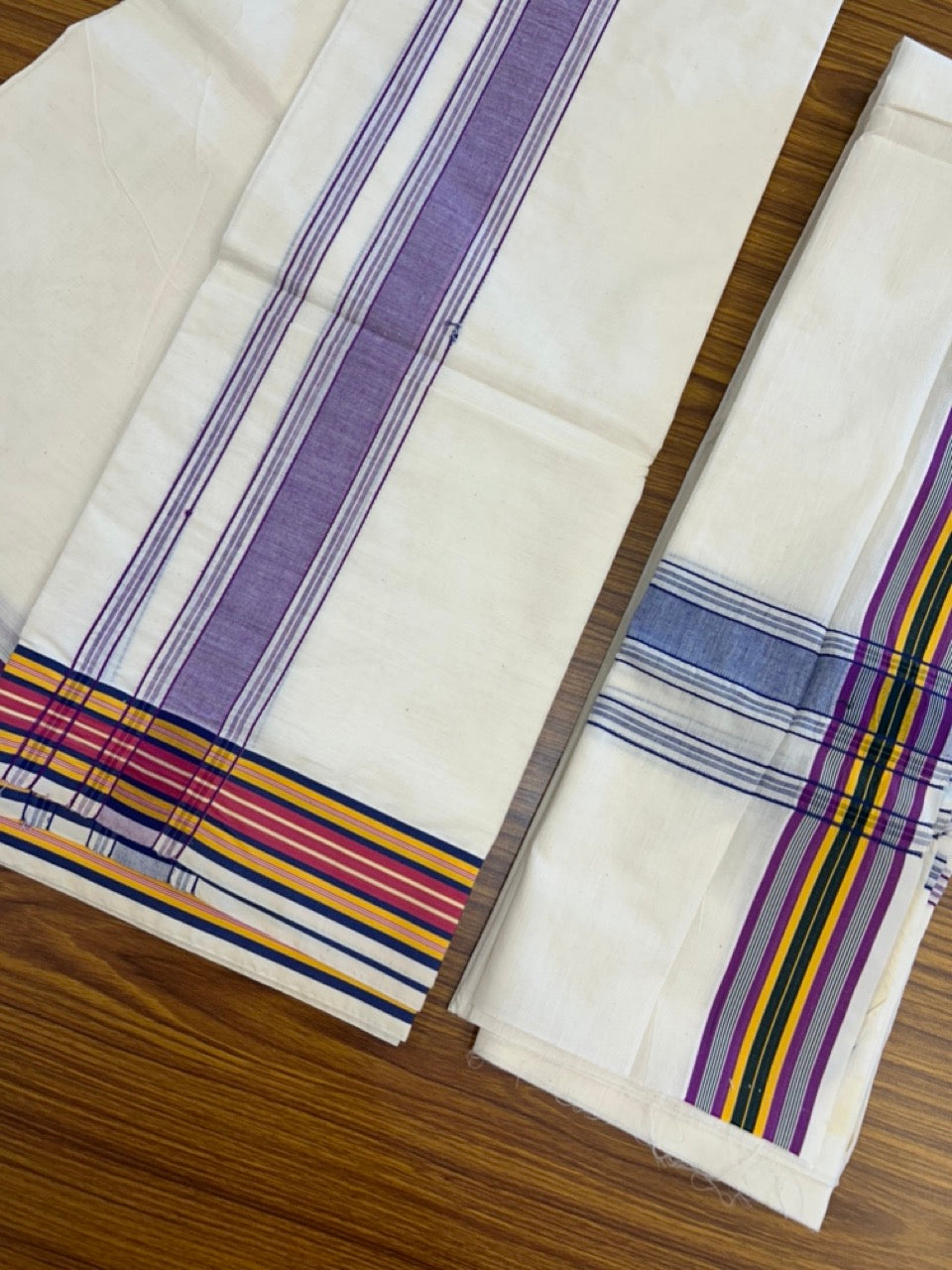 20% Discount! KaithariKada Mixed Cotton Off White - (Unbleached) 80x90 thread - North Indian - Gamcha 8x4 - 2.25 inch Violet kara with Blue ,Magenta, Yellow & Green Stripes border - 25 KK5303 PMC