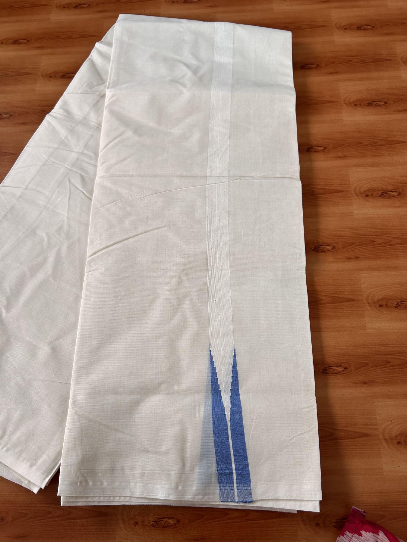 Double Off white Mundu/Dhoti - 20% Discount! KaithariKada Balaramapuram - 100% Cotton  100x100 - 1 inch Puliyilakkara Blue Chutty Kara - 4 mtr (8.5 muzham) - 8 KK5435 ASH