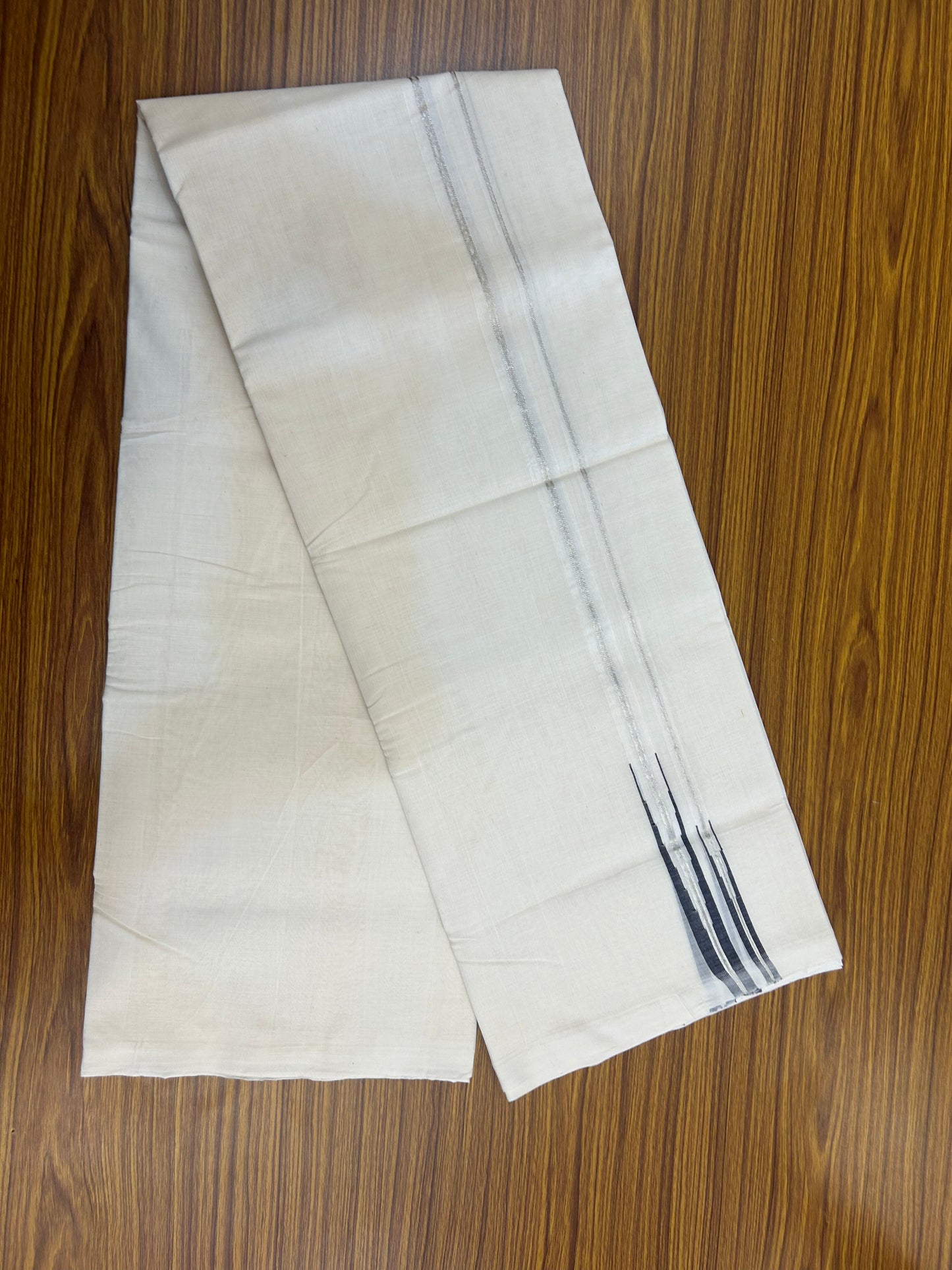 25% Discount! KaithariKada Handloom Millpaav Kerala Handloom - 100% Pure Cotton Off White Double (Unbleached) Mundu/Dothi - 80X90 -1 inch Puliyilakkara Silver Kasav & Navy Blue Double chutty 4 mtr (8.5 Muzham) - 6 KK5376 RAM