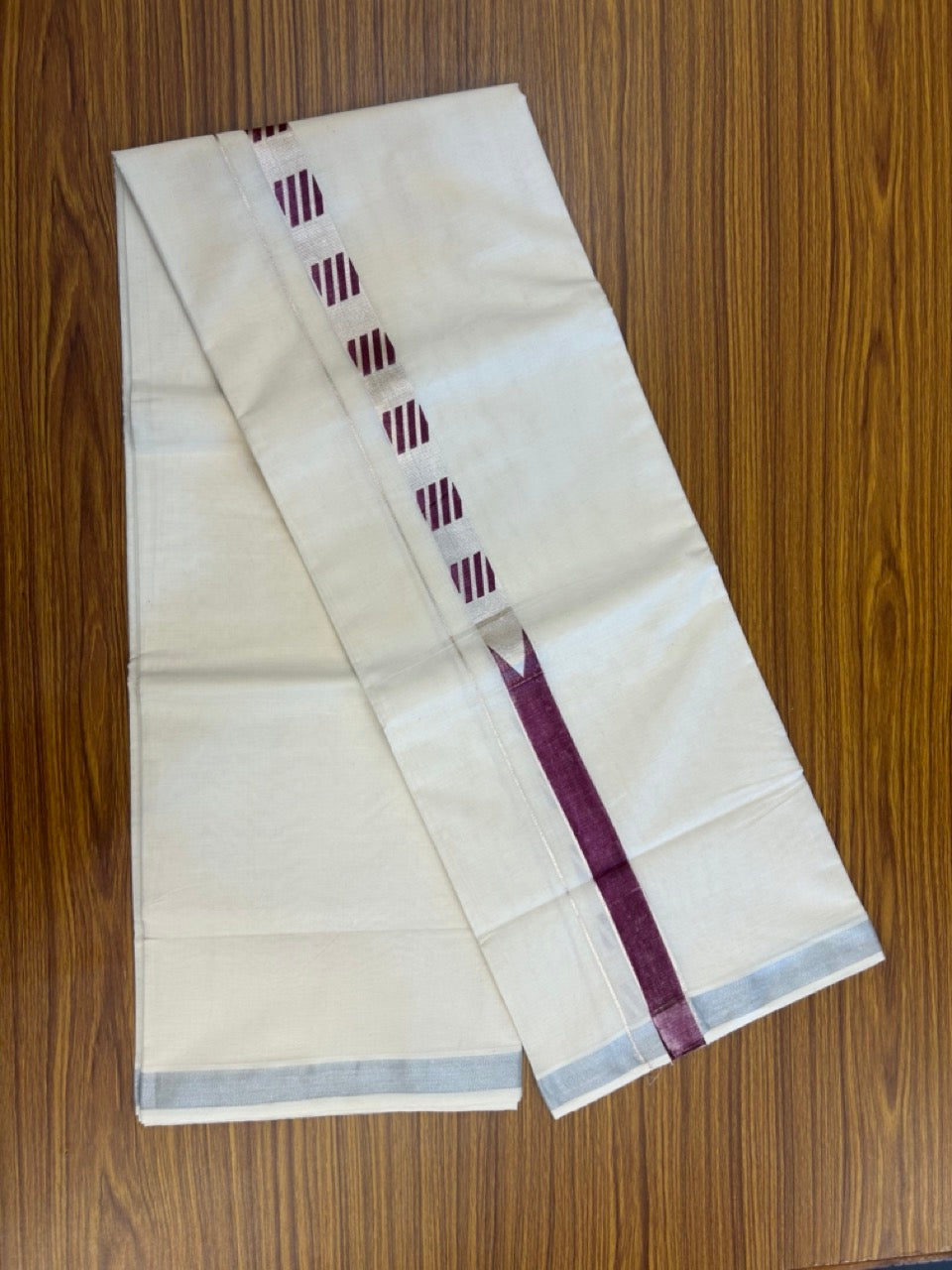 22% Discount!! KaithariKada Balaramapuram 100% Cotton Double Off White - (Ubleached) Mundu/Dhoti - 80x80 - 1 inch Silver Kasavu & Wine Purple One side chutty Printed Design Kara - 4 mtr (8 muzham) - 11 KK5253 GAN
