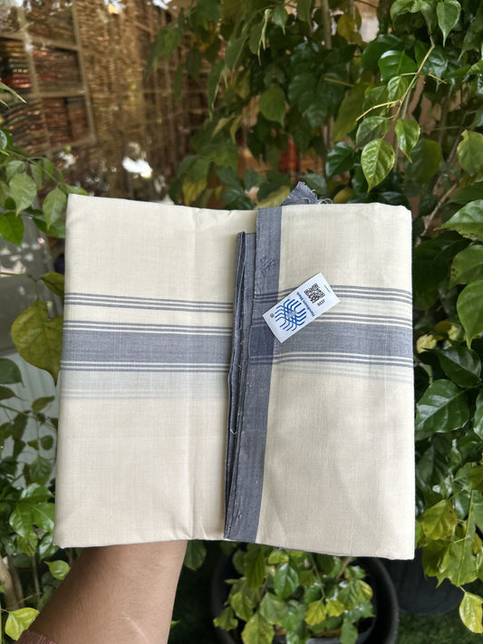 Kerala Handloom - Signature Kaitharikada - Government Sealed Hallmarked-100% Pure Cotton! (2/120X2/160) Twisted Thread- Off White Double Mundu/Dhoti - 1.25 inch Ash Grey Striped Kara 3.80 m (8 muzham) - 2 KK5331 KAL