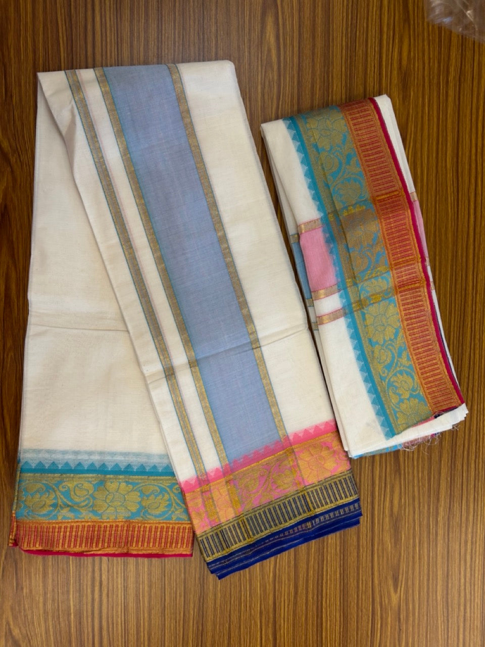 20% Discount! KaithariKada Mixed Cotton Off White - (Unbleached) 80x90 thread - North Indian - Gamcha 8x4 - 4 inch kara with Pink, Cyan Blue , Red & Blue Gold Kasav Jacquard border - 10 KK5303 PMC
