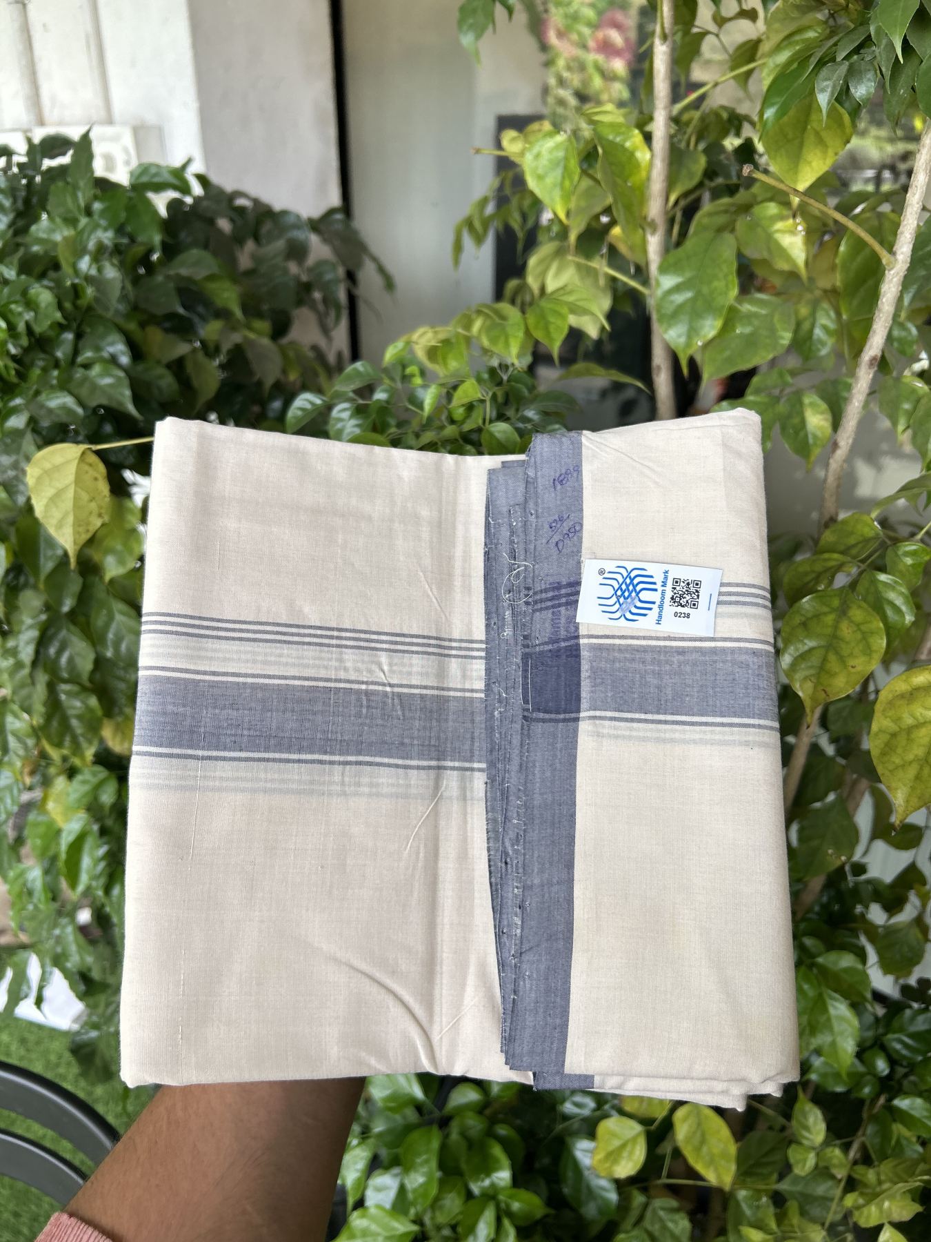 Kerala Handloom - Signature Kaitharikada - Government Sealed Hallmarked-100% Pure Cotton! (2/120X2/160) Twisted Thread- Off White Double Mundu/Dhoti - 1.25 inch Ash Grey Striped Kara 3.80 m (8 muzham) - 1 KK5331 KAL