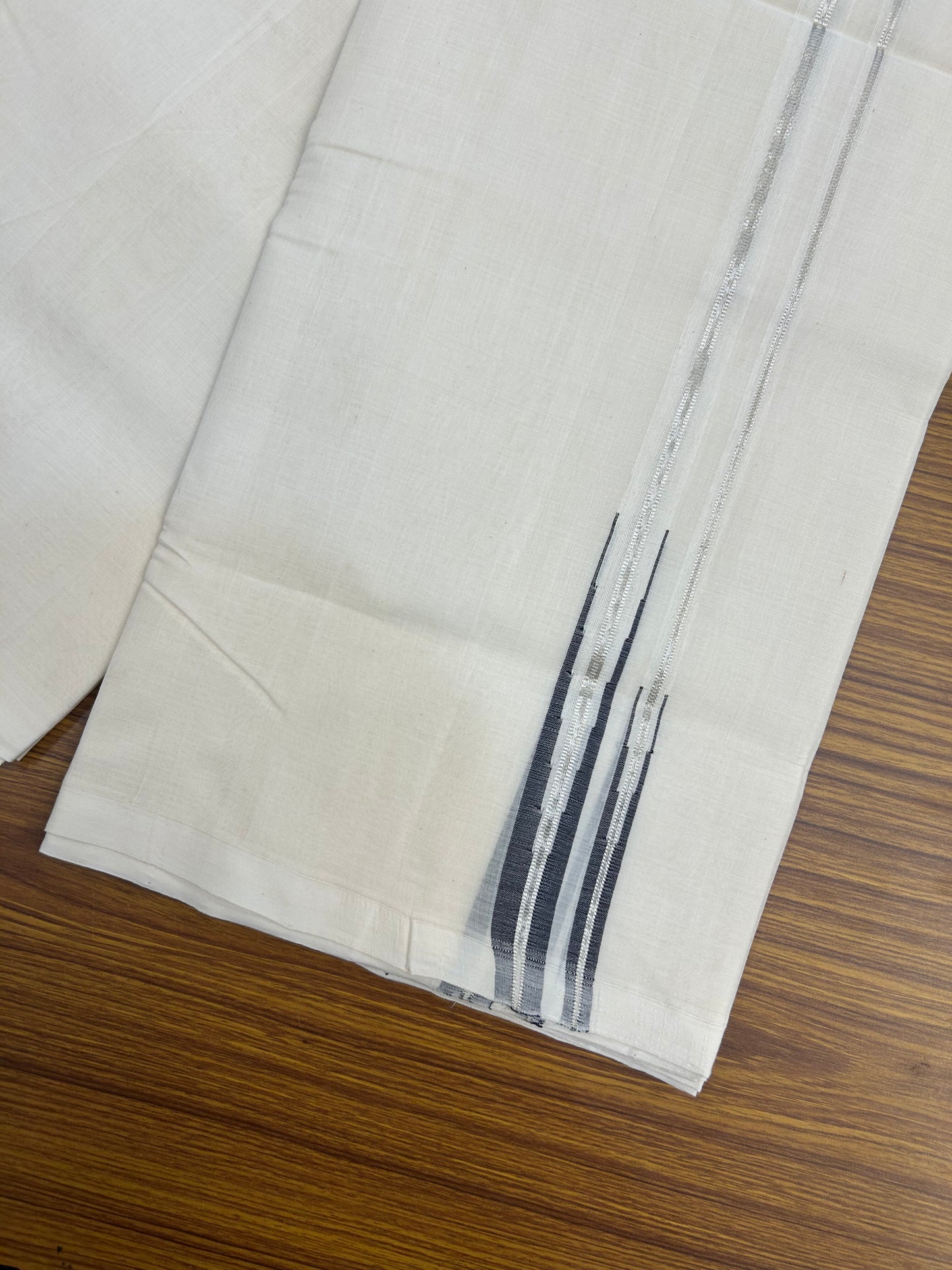 25% Discount! KaithariKada Handloom Millpaav Kerala Handloom - 100% Pure Cotton Off White Double (Unbleached) Mundu/Dothi - 80X90 -1 inch Puliyilakkara Silver Kasav & Navy Blue Double chutty 4 mtr (8.5 Muzham) - 6 KK5376 RAM