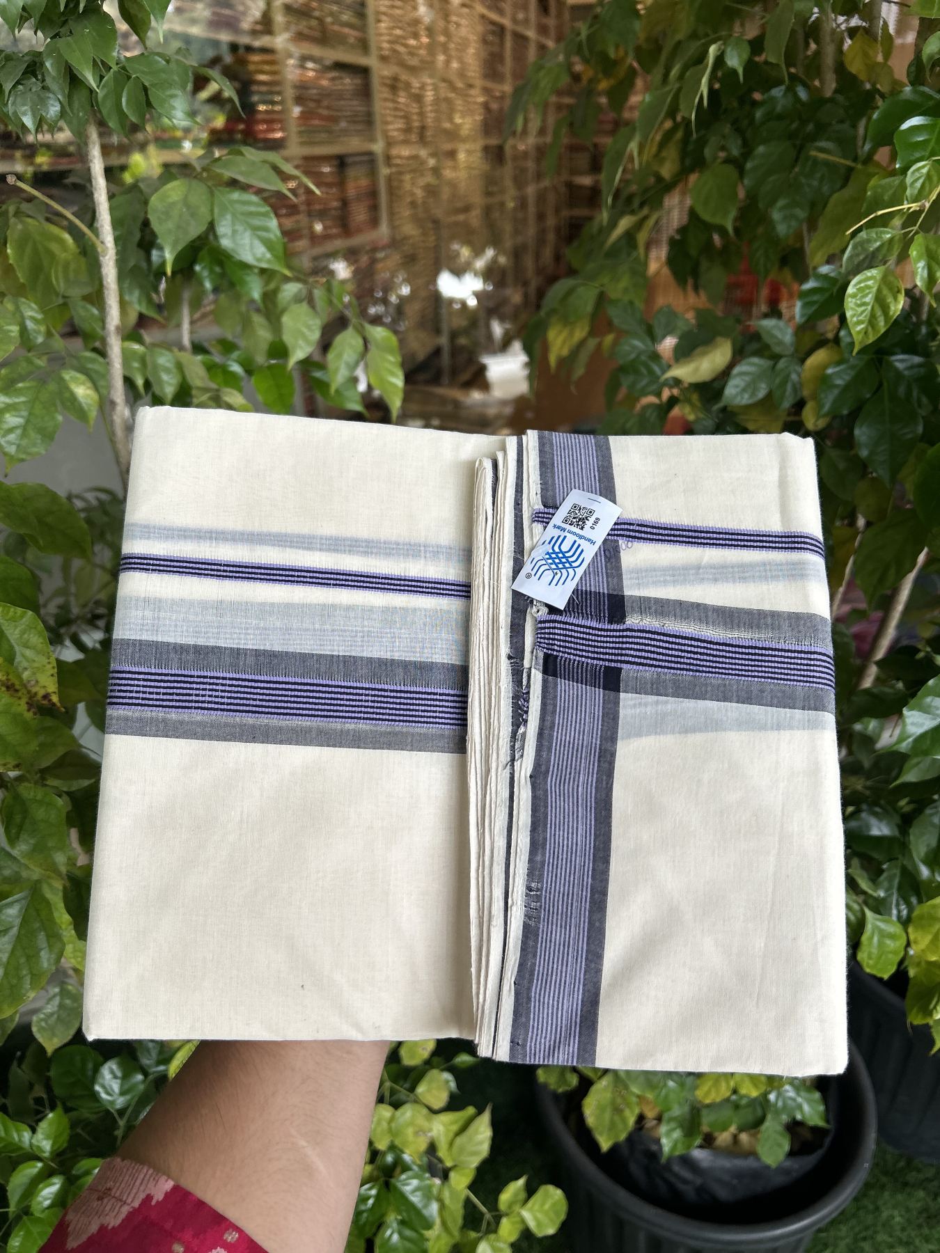 Kerala Handloom - Signature Kaitharikada - 25% Discount ! - Government Sealed Hallmarked-100% Pure Cotton! (90X80s) Twisted Thread- Off White Double Mundu/Dhoti - 1.5 inch Black & Lavender Shaded Striped Kara 4 mtr (8.5 muzham) - 28 KK5331 KAL