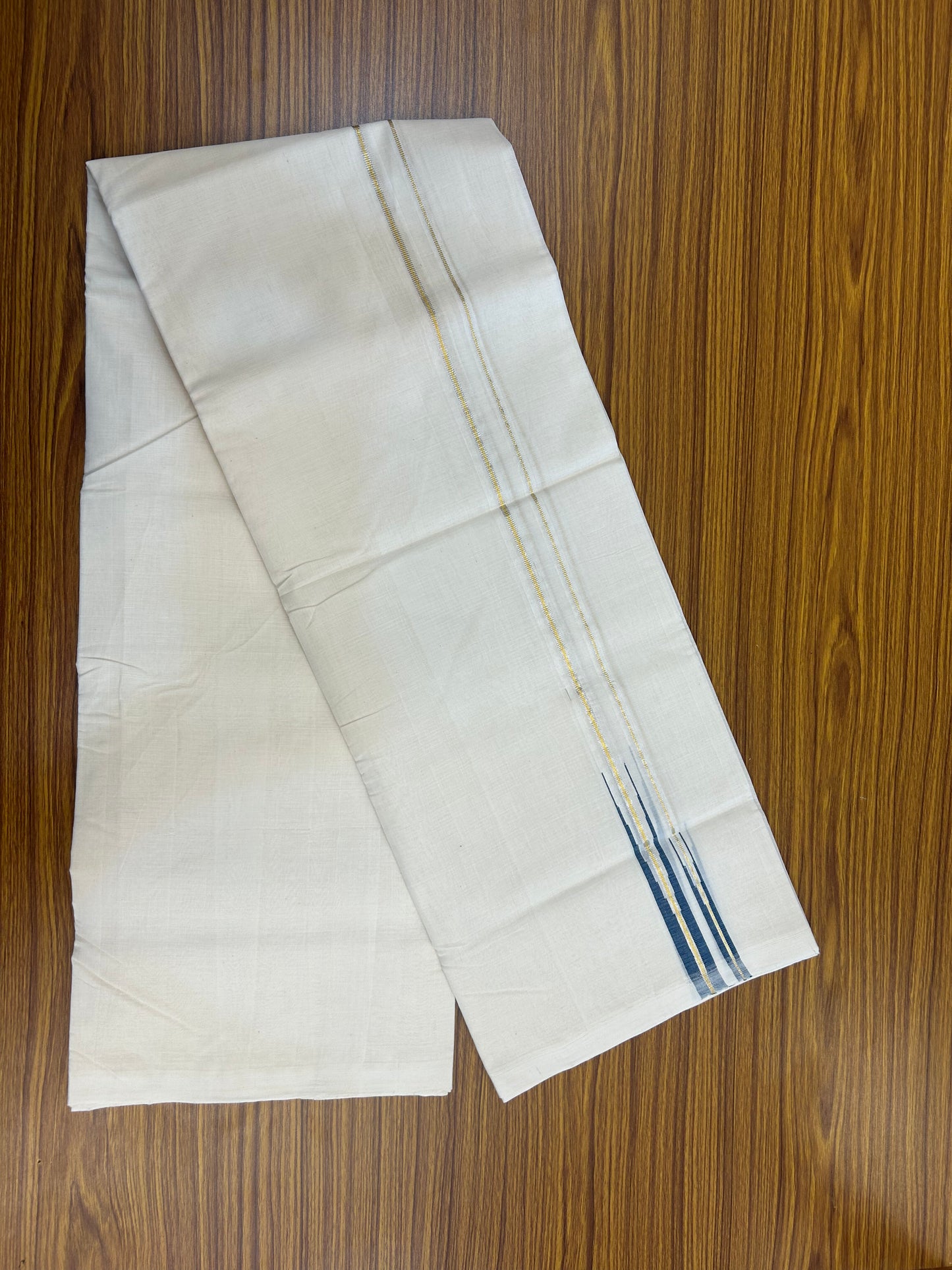 25% Discount ! KaithariKada Handloom Millpaav Kerala Handloom - 100% Pure Cotton Off White Double - (Unbleached) Mundu/Dothi - 80X90 - 1 inch Puliyilakkara Silver Gold Kasav & Peacock Blue Double chutty Kara 4 mtr (8.5 Muzham) - 2 KK5376 RAM
