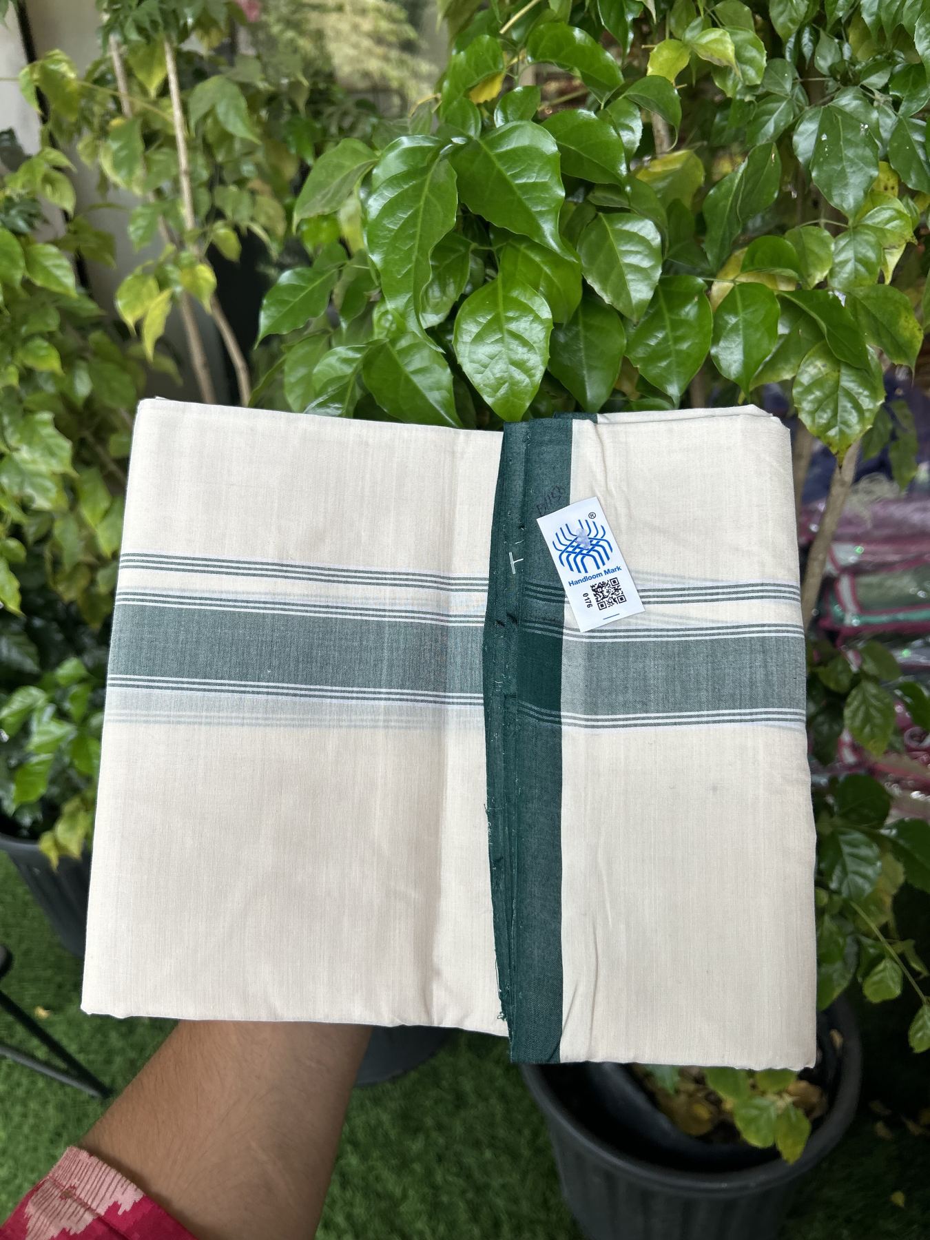 Kerala Handloom - Signature Kaitharikada -100% Pure Cotton! (2/120X2/160) Twisted Thread- Off White Double Mundu/Dhoti - 1.25 inch Green Striped Kara 4 mtr (8.5 muzham) - 14 KK5331 KAL