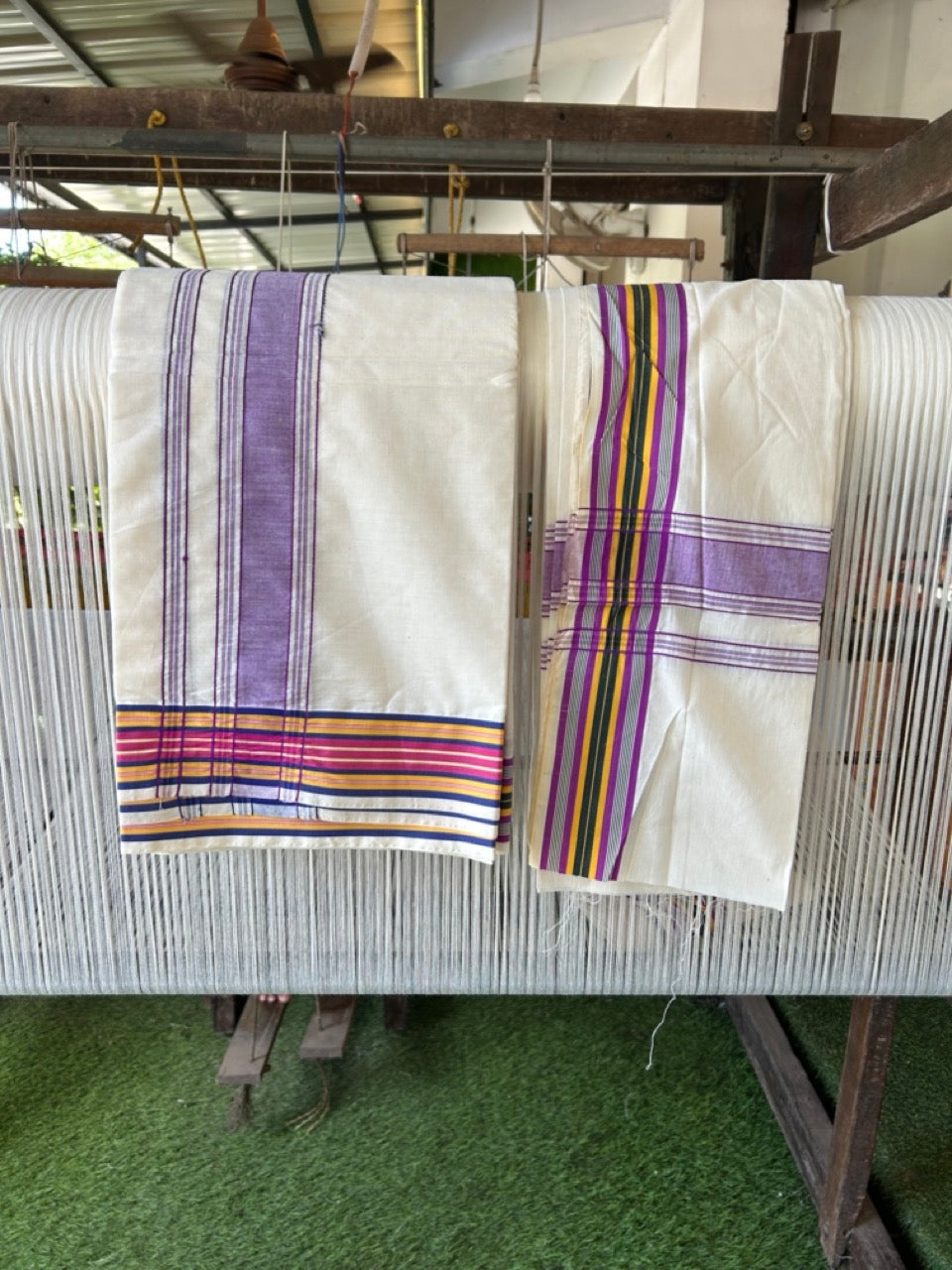20% Discount! KaithariKada Mixed Cotton Off White - (Unbleached) 80x90 thread - North Indian - Gamcha 8x4 - 2.25 inch Violet kara with Blue ,Magenta, Yellow & Green Stripes border - 25 KK5303 PMC