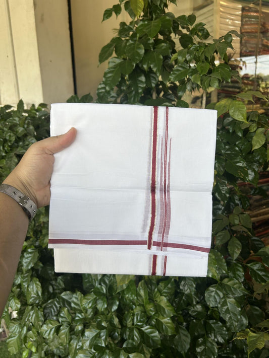 20% Discount!! Kaitharikada Balaramapuram 100% Pure Cotton Pure White Double Mundu/Dothi - 100x80 - 1 cm Maroon & Silver Kasav Puliyilakkara Chutty 3.90 m (8 muzham) - 4 KK5356 VAS