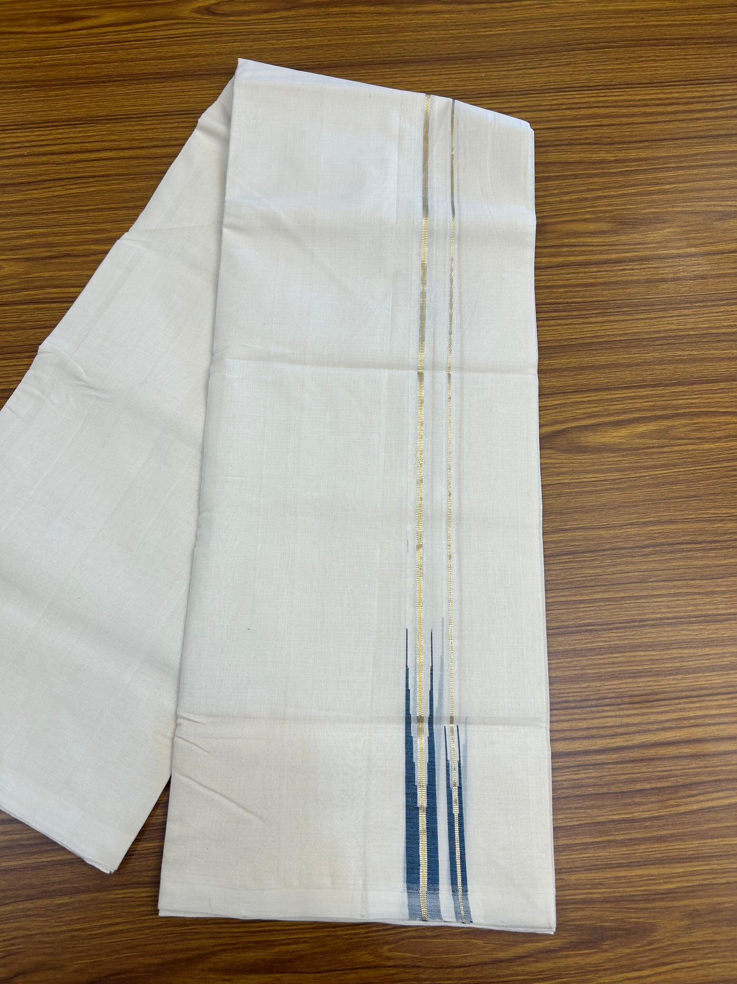 25% Discount ! KaithariKada Handloom Millpaav Kerala Handloom - 100% Pure Cotton Off White Double - (Unbleached) Mundu/Dothi - 80X90 - 1 inch Puliyilakkara Silver Gold Kasav & Peacock Blue Double chutty Kara 4 mtr (8.5 Muzham) - 2 KK5376 RAM