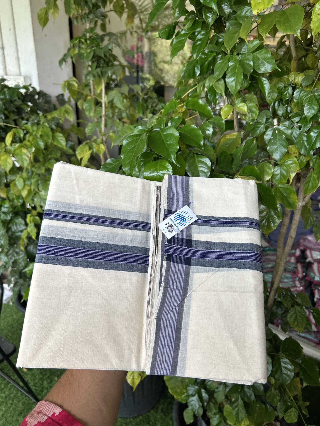 Kerala Handloom - Signature Kaitharikada - 25% Discount! -100% Pure Cotton! (90X80s) Twisted Thread- Off White Double Mundu/Dhoti - 1.25 inch Bright Lavender & Black Striped Kara 4 mtr (8.5 muzham) - 12 KK5331 KAL