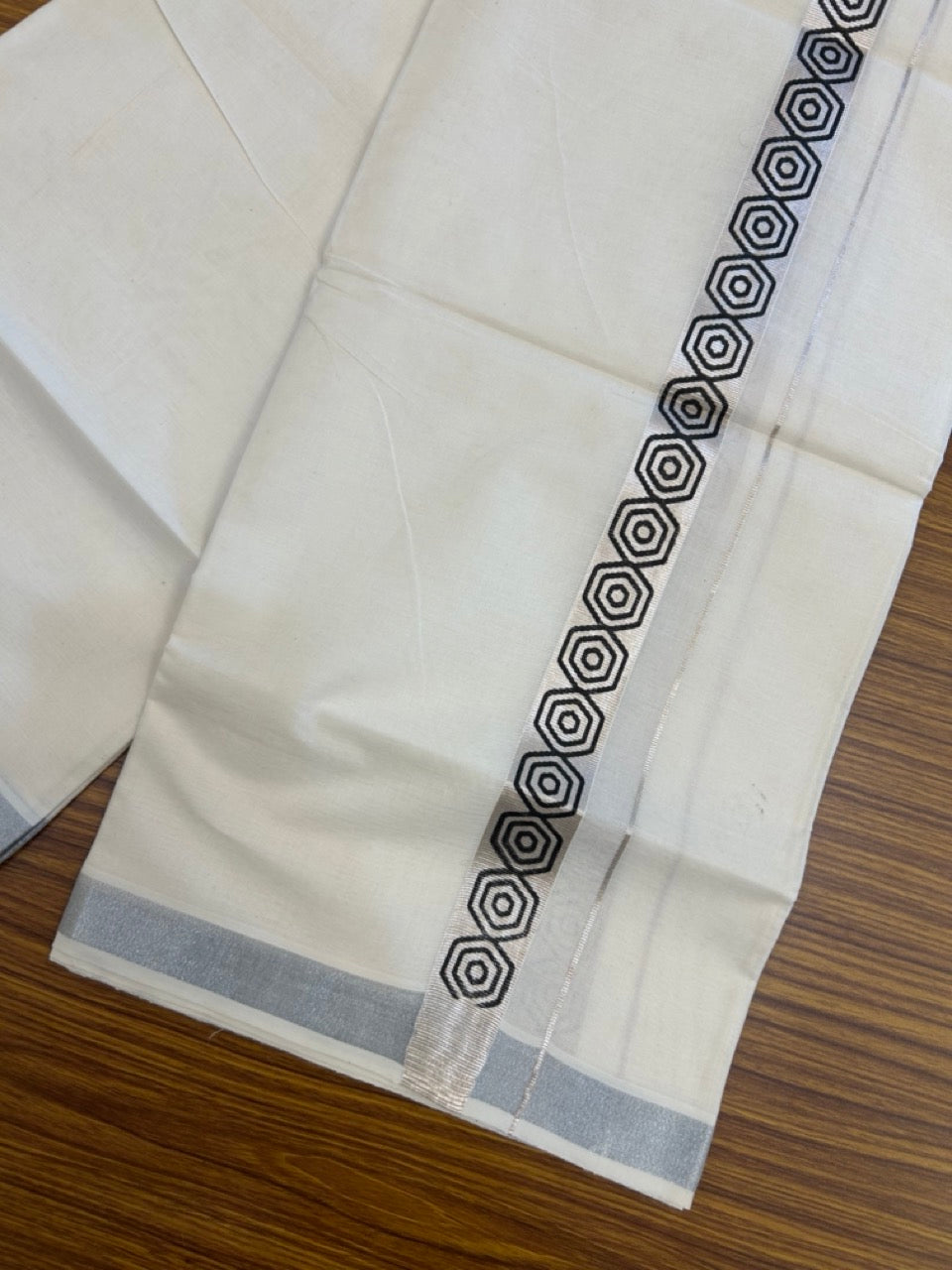 22% Discount!! KaithariKada Balaramapuram 100% Cotton Double Off White - (Ubleached) Mundu/Dhoti - 80x80 - 1 inch Silver Kasavu &  Black Printed Design Kara - 4 mtr (8 muzham) - 8 KK5253 GAN