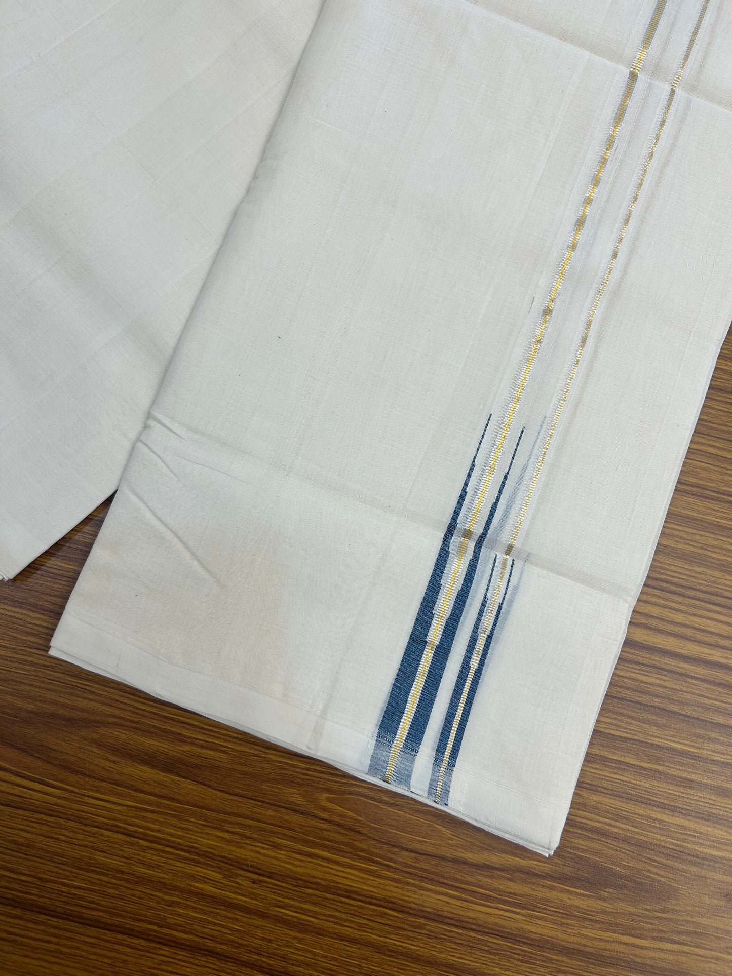 25% Discount ! KaithariKada Handloom Millpaav Kerala Handloom - 100% Pure Cotton Off White Double - (Unbleached) Mundu/Dothi - 80X90 - 1 inch Puliyilakkara Silver Gold Kasav & Peacock Blue Double chutty Kara 4 mtr (8.5 Muzham) - 2 KK5376 RAM