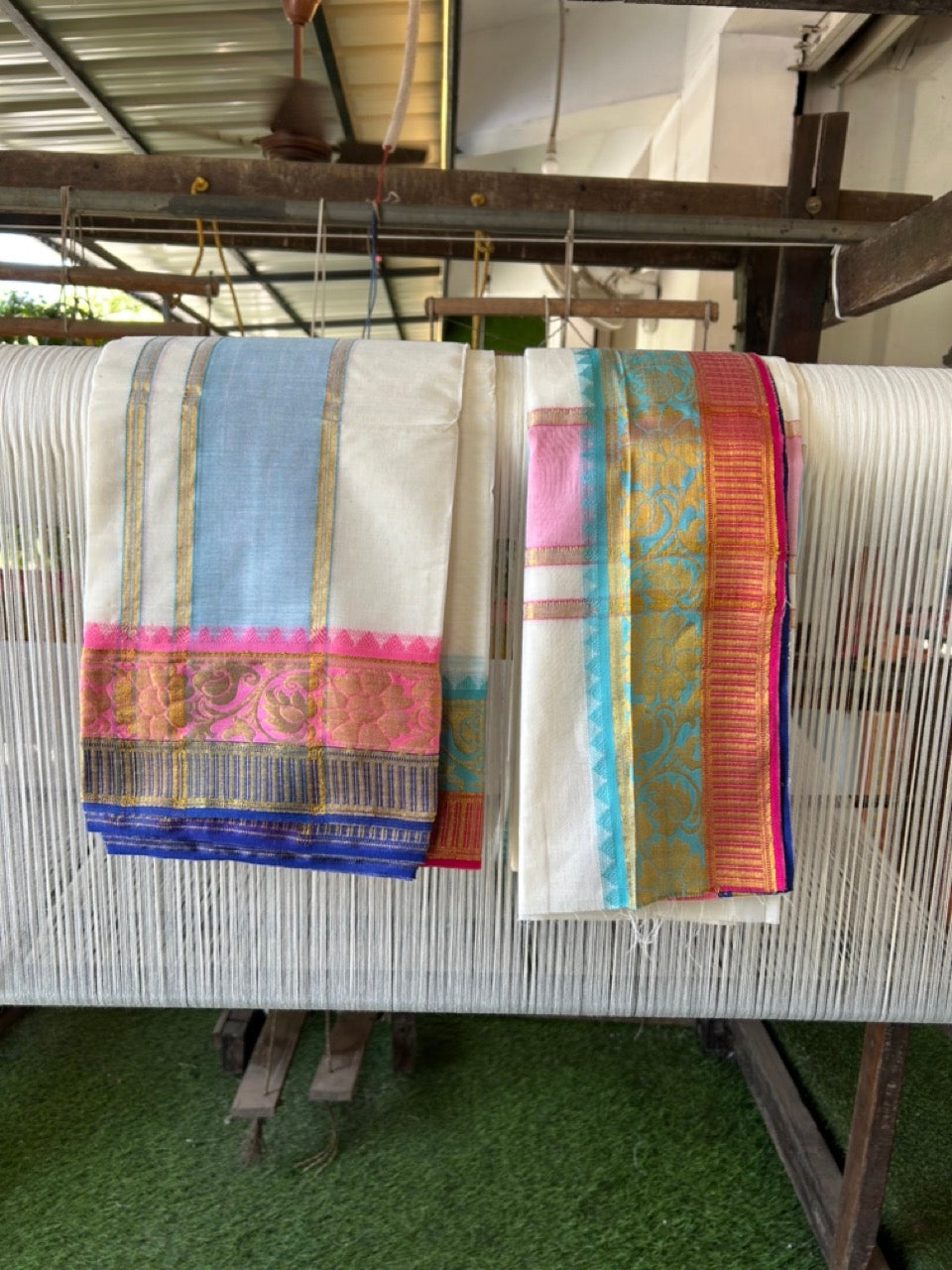 20% Discount! KaithariKada Mixed Cotton Off White - (Unbleached) 80x90 thread - North Indian - Gamcha 8x4 - 4 inch kara with Pink, Cyan Blue , Red & Blue Gold Kasav Jacquard border - 10 KK5303 PMC