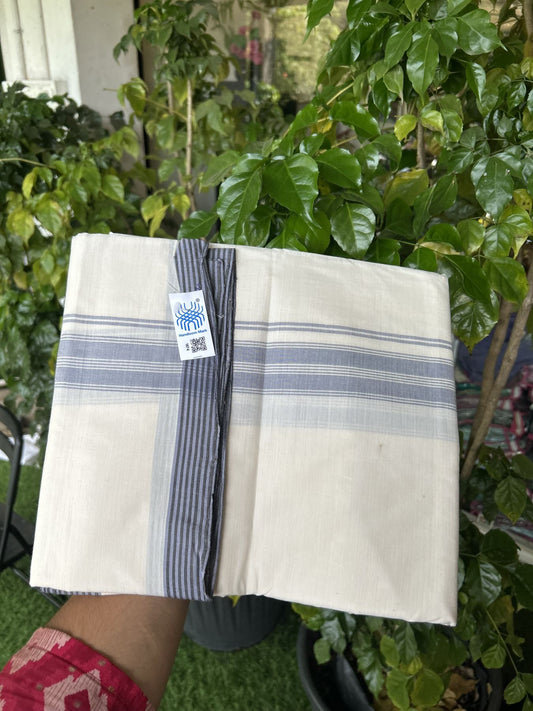 Kerala Handloom - Signature Kaitharikada - Government Sealed Hallmarked-100% Pure Cotton! (2/120sX100) Twisted Thread- Off White Double Mundu/Dhoti - 1.5 inch Lavender Shaded Striped Kara 4 mtr (8.5 muzham) - 11 KK5331 KAL