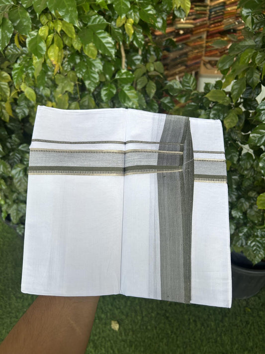 20% Discount!! Kaitharikada Balaramapuram 100% Pure Cotton Pure White Double Mundu/Dothi - 100x80 - 1.5 inch Silver Kasav & Olive Green Striped Kara - 3.90 m (8 muzham) - 75 KK5356 VAS