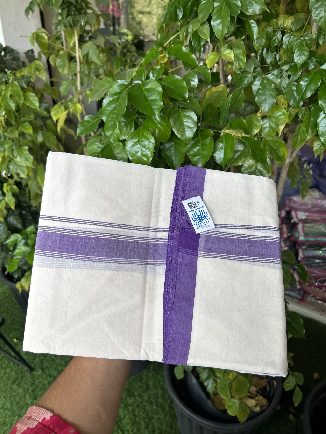 Kerala Handloom - Signature Kaitharikada - Government Sealed Hallmarked-100% Pure Cotton! (2/120X2/160) Twisted Thread- Off White Double Mundu/Dhoti - 1.5 inch Violet Shaded Striped Kara 4 mtr (8.5 muzham) - 9 KK5331 KAL