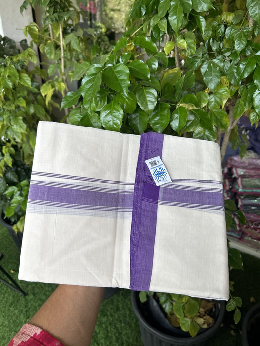 Kerala Handloom - Signature Kaitharikada - Government Sealed Hallmarked-100% Pure Cotton! (2/120X2/160) Twisted Thread- Off White Double Mundu/Dhoti - 1.5 inch Violet Shaded Striped Kara 4 mtr (8.5 muzham) - 9 KK5331 KAL
