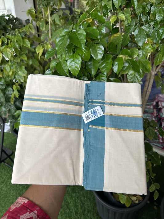 Kerala Handloom - Signature Kaitharikada - 25% Discount! - Government Sealed Hallmarked-100% Pure Cotton! (90X80s) Twisted Thread- Off White Double Mundu/Dhoti - 1.5 inch Gold Kasav & Light Peacock Blue Kara 4 mtr (8.5 muzham) - 8 KK5331 KAL
