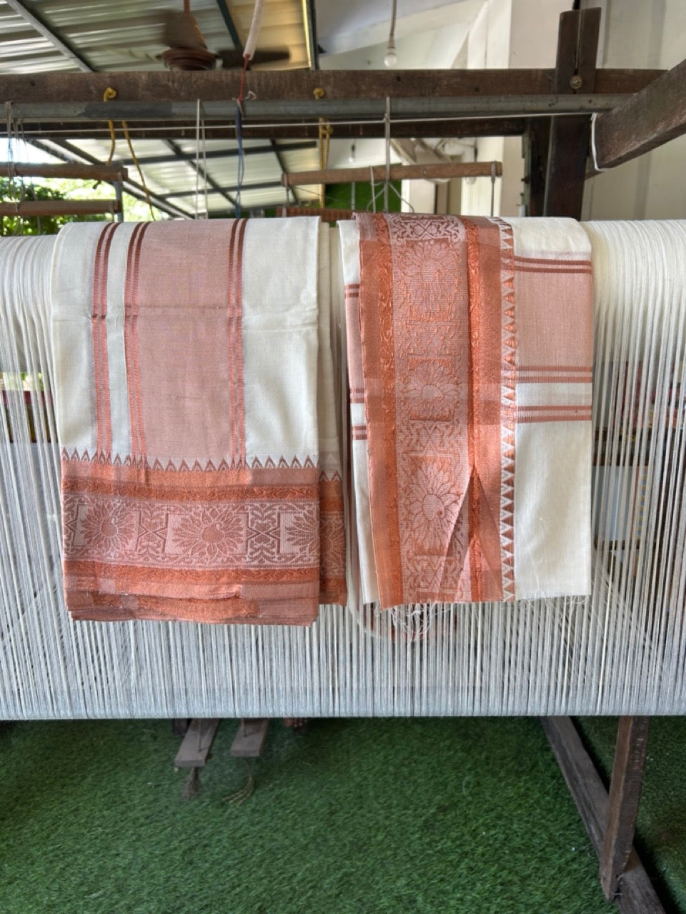 20% Discount! KaithariKada  Mixed Cotton Off White - (Unbleached) 80x90 thread - North Indian - Gamcha 8x4 - 3.5 inch kara with Copper Kasav Design border - 5 KK5303 PMC