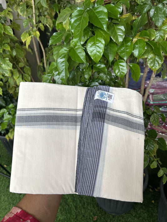 Kerala Handloom - Signature Kaitharikada - Government Sealed Hallmarked-100% Pure Cotton! (2/120sX100) Twisted Thread- Off White Double Mundu/Dhoti - 1 inch Black Shaded Striped Kara 4 mtr (8.5 muzham) - 29 KK5331 KAL