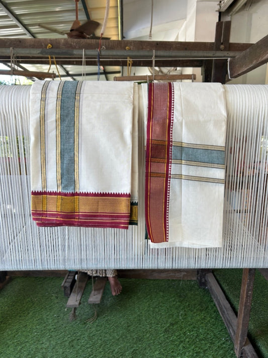 20% Discount! KaithariKada  Mixed Cotton Off White - (Unbleached) 80x90 thread - North Indian - Gamcha 8x4 - 2 inch kara with Maroon & Dark Green Gold Kasav border - 4 KK5303 PMC
