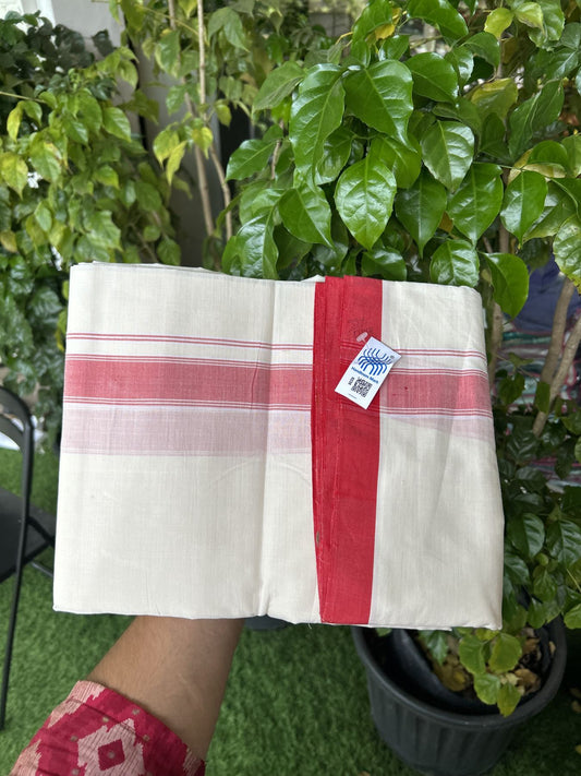 Kerala Handloom - Signature Kaitharikada - Government Sealed Hallmarked-100% Pure Cotton! (2/120X2/160) Twisted Thread- Off White Double Mundu/Dhoti - 1.25 inch Red Shaded Striped Kara 4 mtr (8.5 muzham) - 31 KK5331 KAL