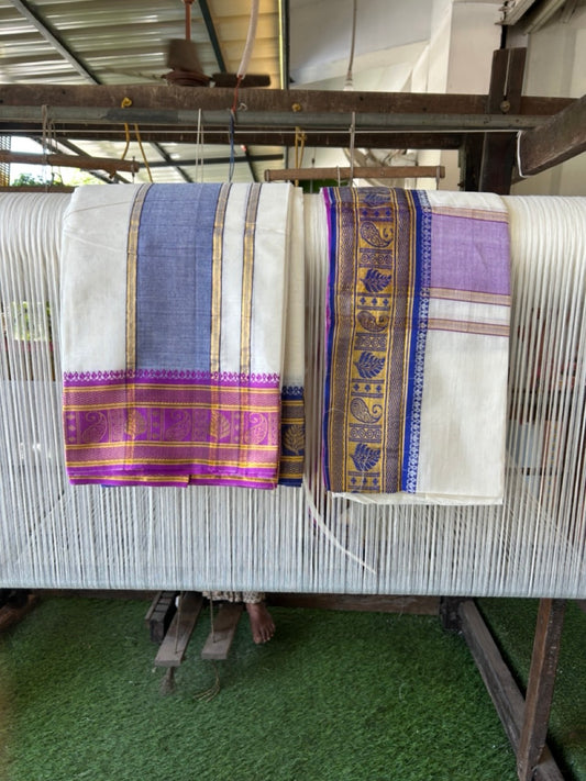 20% Discount! KaithariKada  Mixed Cotton Off White - (Unbleached) 80x90 thread - North Indian - Gamcha 8x4 - 3.75 inch Blue kara with Purple & Blue Gold Kasav border - 2 KK5303 PMC
