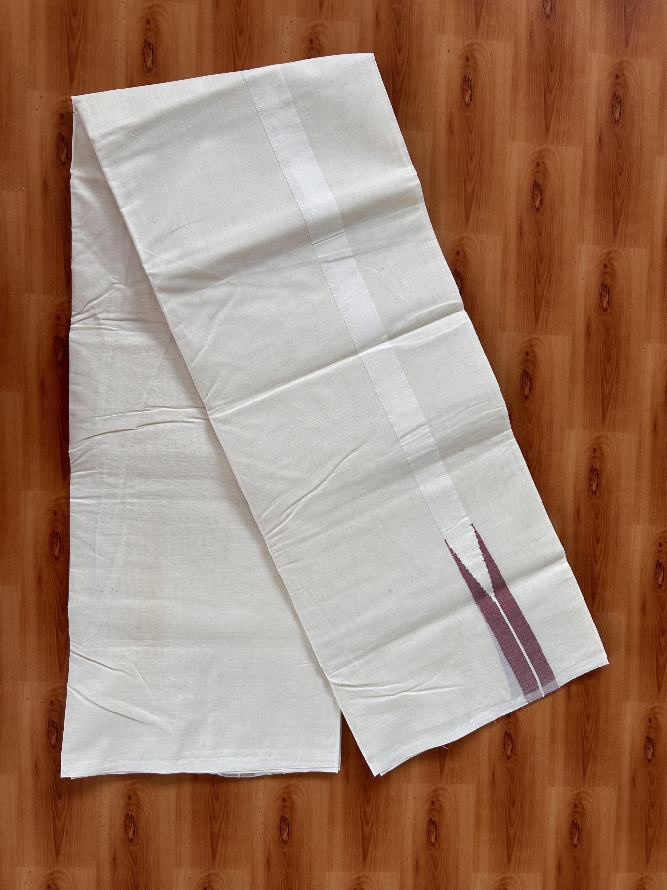 Double Off white Mundu/Dhoti - 20% Discount! KaithariKada Balaramapuram - 100% Cotton  100x100 - 1 inch Puliyilakkara Dark Peach Chutty Kara - 4 mtr (8.5 muzham) - 11 KK5435 ASH
