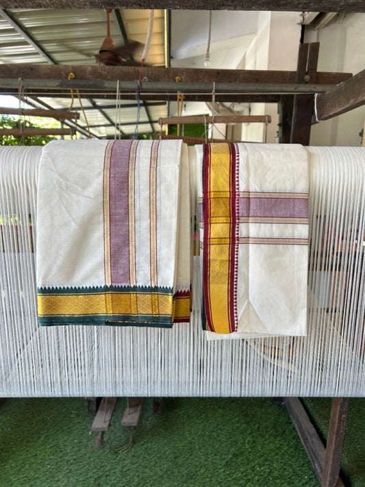 20% Discount! KaithariKada  Mixed Cotton Off White - (Unbleached) 80x90 thread - North Indian - Gamcha 8x4 - 2 inch kara with Maroon & Dark Green Gold Kasav border - 3 KK5303 PMC