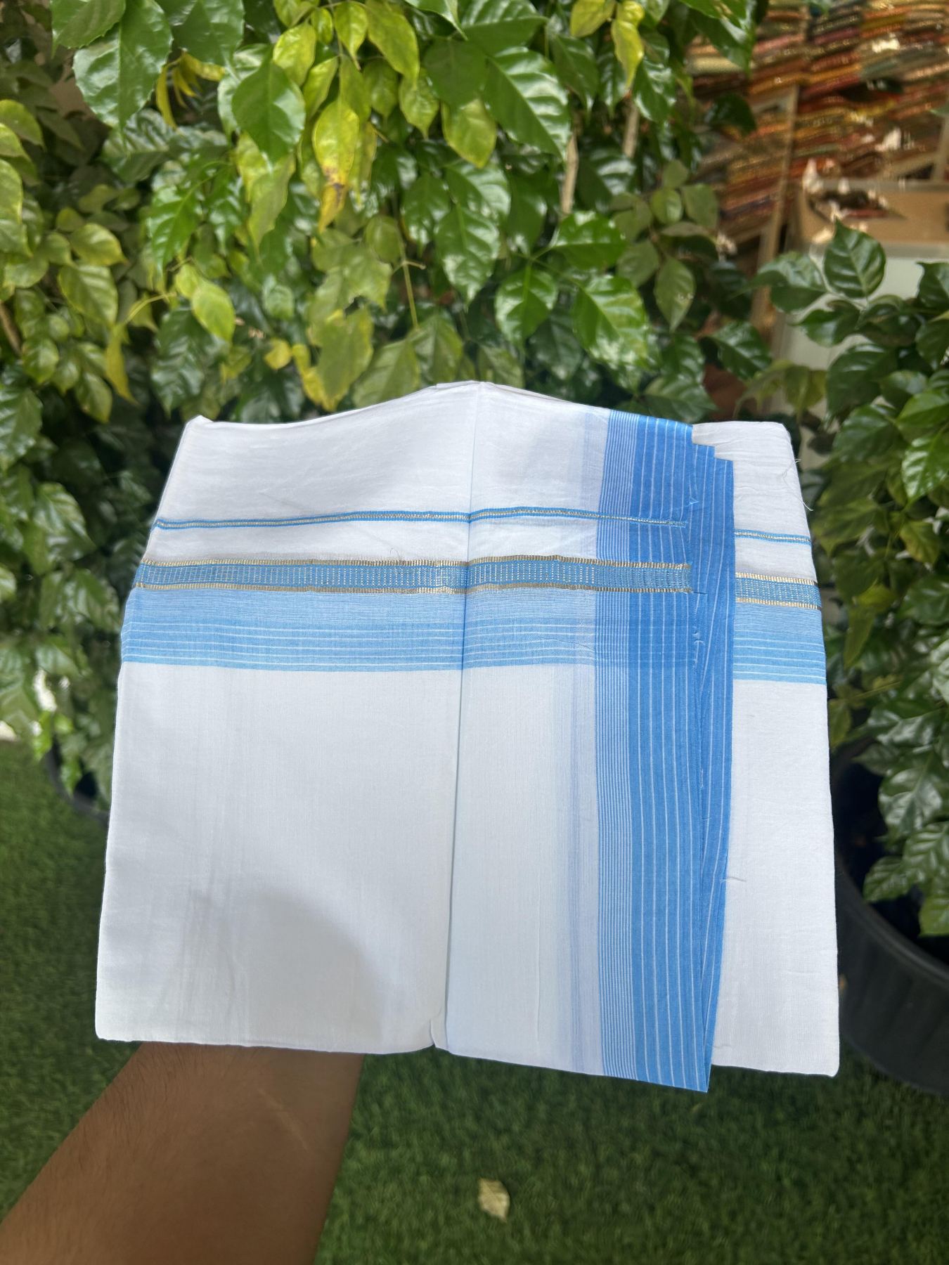 20% Discount!! Kaitharikada Balaramapuram 100% Pure Cotton Pure White Double Mundu/Dothi - 100x80 - 1.75 inch Silver Kasav & Sky Blue Striped Kara - 3.90 m (8 muzham) - 78 KK5356 VAS