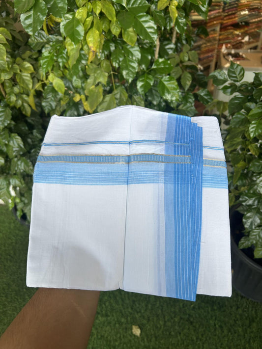 20% Discount!! Kaitharikada Balaramapuram 100% Pure Cotton Pure White Double Mundu/Dothi - 100x80 - 1.75 inch Silver Kasav & Sky Blue Striped Kara - 3.90 m (8 muzham) - 78 KK5356 VAS