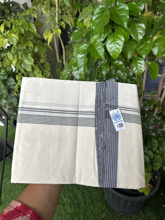 Kerala Handloom - Signature Kaitharikada - Government Sealed Hallmarked-100% Pure Cotton! (2/120X2/160) Twisted Thread- Off White Double Mundu/Dhoti - 1 inch Lavender & Black Striped Kara 4 mtr (8.5 muzham) - 13 KK5331 KAL