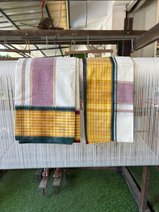 20% Discount! KaithariKada  Mixed Cotton Off White - (Unbleached) 80x90 thread - North Indian - Gamcha 8x4 - 3.75 inch kara with Maroon & Dark Green Gold Kasav border - 1 KK5303 PMC