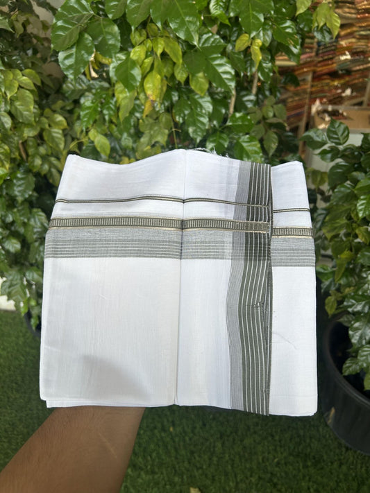 20% Discount!! Kaitharikada Balaramapuram 100% Pure Cotton Pure White Double Mundu/Dothi - 100x80 - 1.75 inch Silver Kasav & Olive Green Striped Kara - 3.90 m (8 muzham) - 77 KK5356 VAS