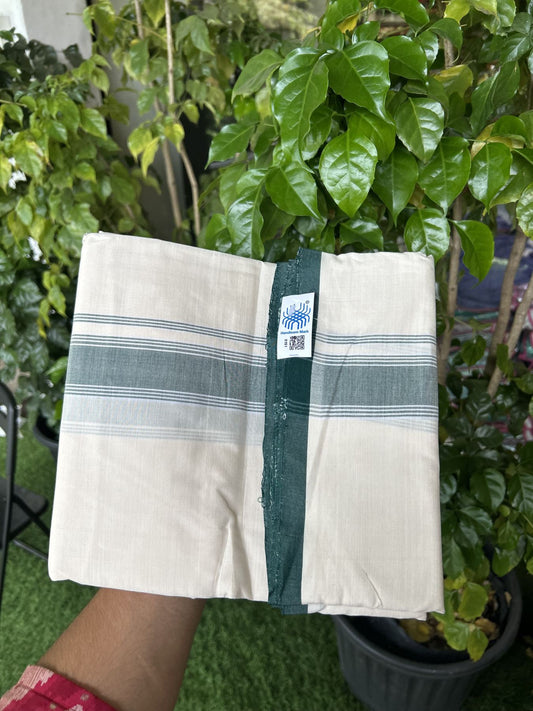 Kerala Handloom - Signature Kaitharikada - Government Sealed Hallmarked-100% Pure Cotton! (2/120X2/160) Twisted Thread- Off White Double Mundu/Dhoti - 1.25 inch Green Shaded Striped Kara 4 mtr (8.5 muzham) - 27 KK5331 KAL