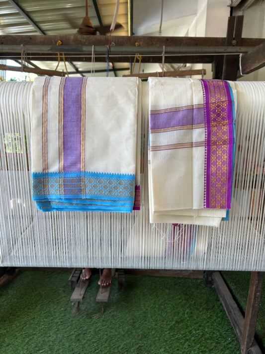 20% Discount! KaithariKada Mixed Cotton Off White - (Unbleached) 80x90 thread - North Indian - Gamcha 8x4 - 2.25 inch kara with Purple & Light Blue Gold Kasav Jacquard border - 23 KK5303 PMC
