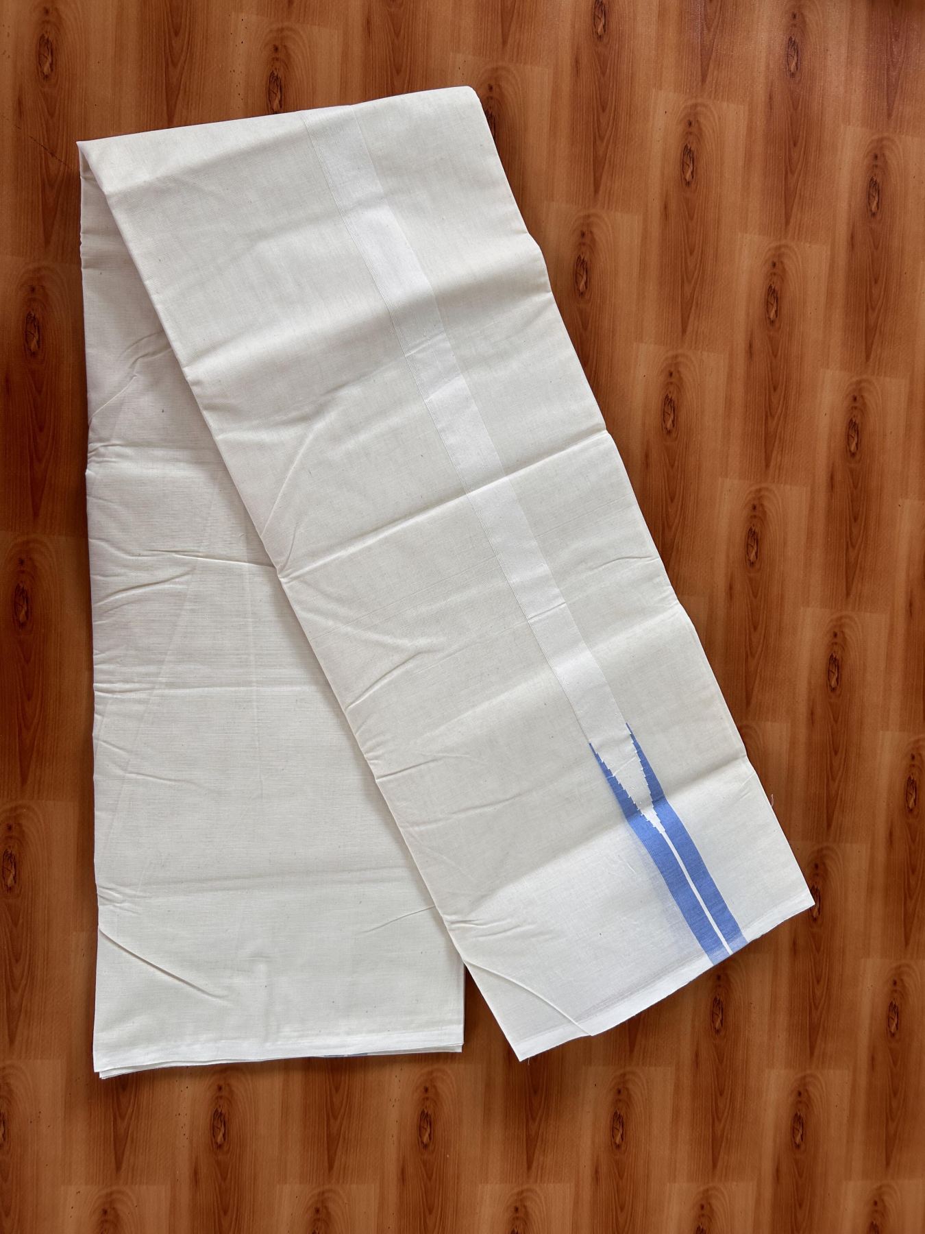 Double Off white Mundu/Dhoti - 20% Discount! KaithariKada Balaramapuram - 100% Cotton  100x100 - 1 inch Puliyilakkara Light Blue Chutty Kara - 4 mtr (8.5 muzham) - 9 KK5435 ASH