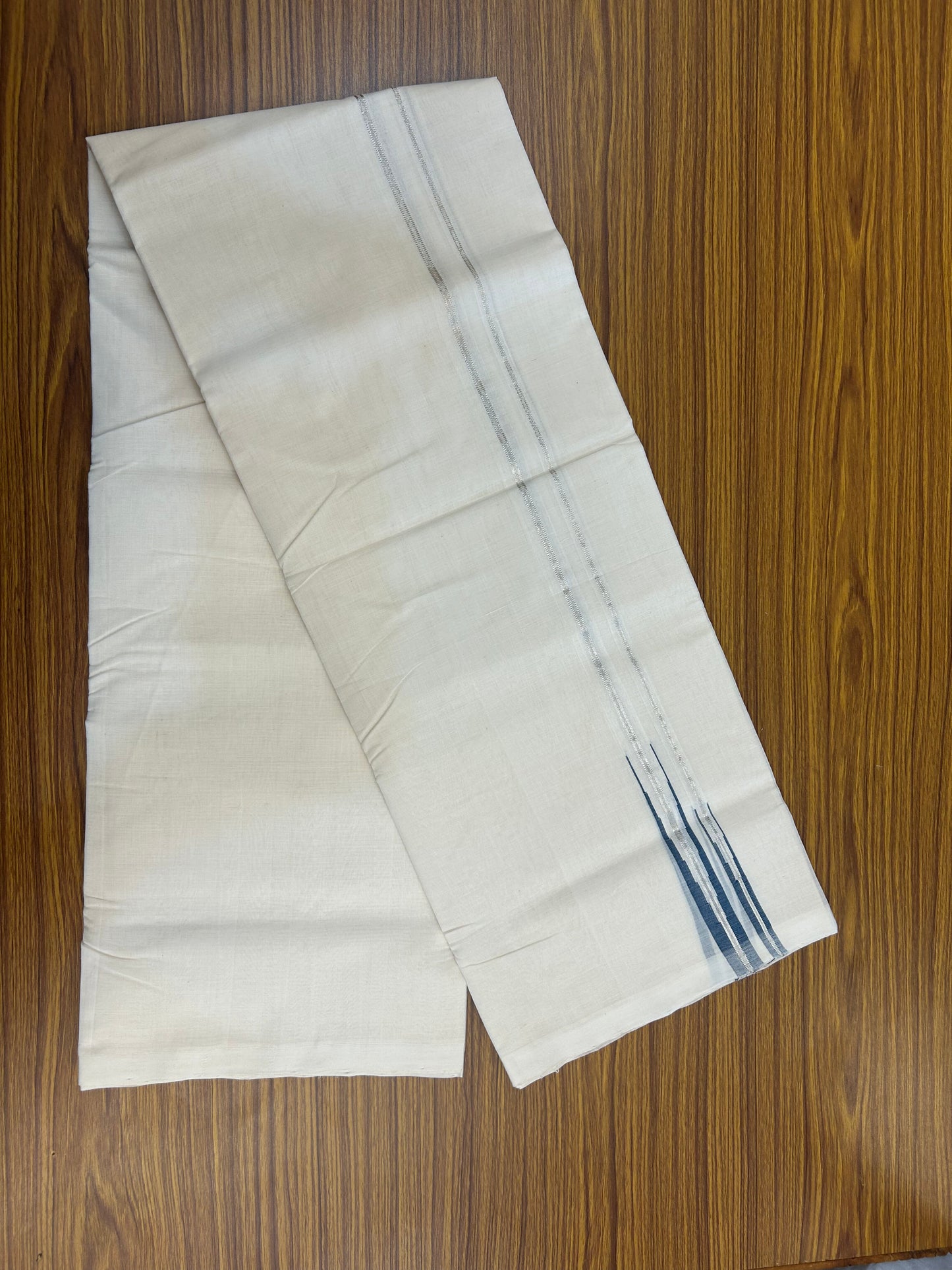 25% Discount! KaithariKada Handloom Millpaav Kerala Handloom - 100% Pure Cotton Off White Double (Unbleached) Mundu/Dothi - 80X90 -1 inch Puliyilakkara Silver Kasav & Peacock Blue Double chutty 4 mtr (8.5 Muzham) - 4 KK5376 RAM