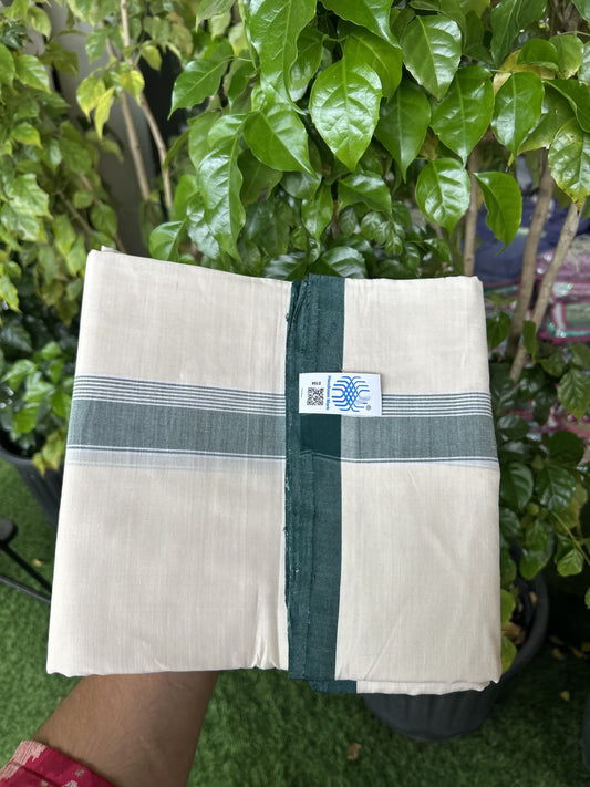 Kerala Handloom - Signature Kaitharikada - Government Sealed Hallmarked-100% Pure Cotton! (2/120X2/160) Twisted Thread- Off White Double Mundu/Dhoti - 1.5 inch Green Shaded Striped Kara 4 mtr (8.5 muzham) - 25 KK5331 KAL