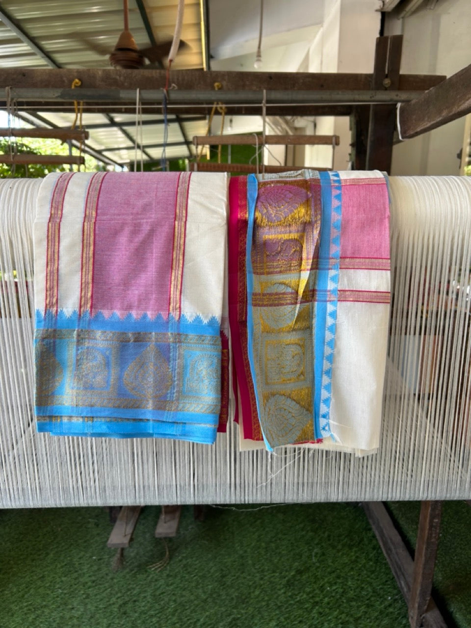 20% Discount! KaithariKada Mixed Cotton Off White - (Unbleached) 80x90 thread - North Indian - Gamcha 8x4 - 4 inch kara with Light Blue & Rani Pink Gold Kasav Jacquard border - 13 KK5303 PMC